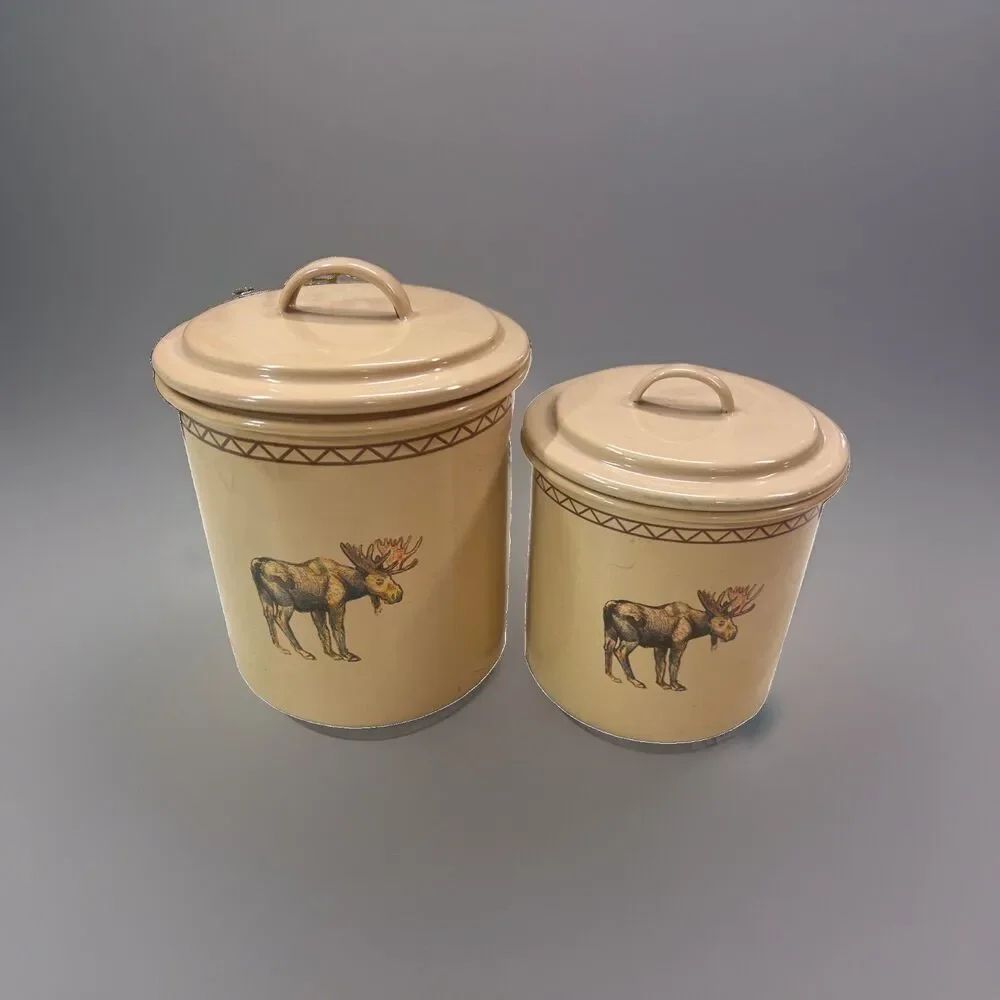 Marble Canyon Enamelware Moose Canisters  Set of 2 Cream Beige Vintage Style